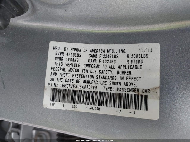 Honda ACCORD LX 2014 1HGCR2F30EA070309 Image 9