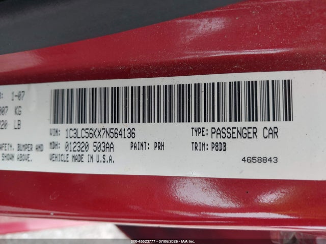 Продаж на аукціоні авто 2007 Chrysler Sebring Touring, vin: 1C3LC56KX7N564136, номер лоту: 45523777