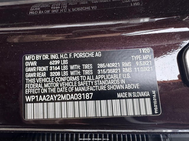 2021 Porsche Cayenne მანქანა იყიდება აუქციონზე, vin: WP1AA2AY2MDA03187, აუქციონის ნომერი: 45523783