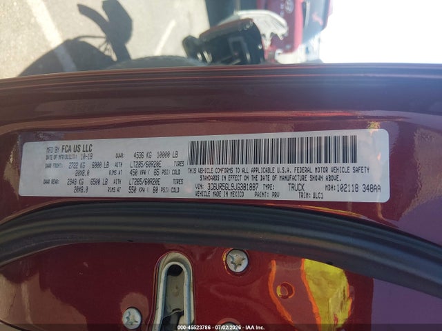 45523786 :رقم المزاد ، 3C6UR5GL9JG381887 vin ، 2018 Ram 2500 Limited  4x4 6'4 Box مزاد بيع