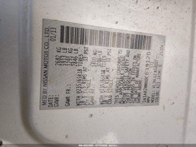 Aukcja sprzedaży 2013 Nissan Pathfinder Sl, vin: 5N1AR2MMXDC639120, numer aukcji: 45523805