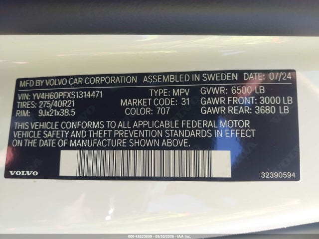Aukcja sprzedaży 2025 Volvo Xc90 Plug-in Hybrid T8 Ultra 7-seater, vin: YV4H60PFXS1314471, numer aukcji: 45523809