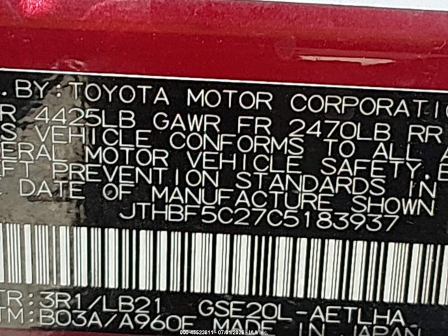 Aukcja sprzedaży 2012 Lexus Is 250, vin: JTHBF5C27C5183937, numer aukcji: 45523811