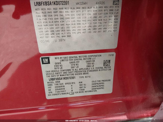 Продажа на аукционе авто 2019 Buick Envision Fwd Preferred, vin: LRBFXBSA1KD072391, номер лота: 45523814