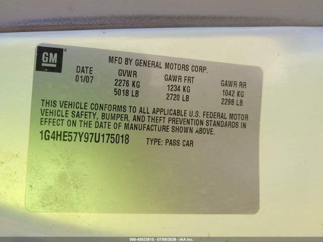 Продаж на аукціоні авто 2007 Buick Lucerne Cxs, vin: 1G4HE57Y97U175018, номер лоту: 45523815