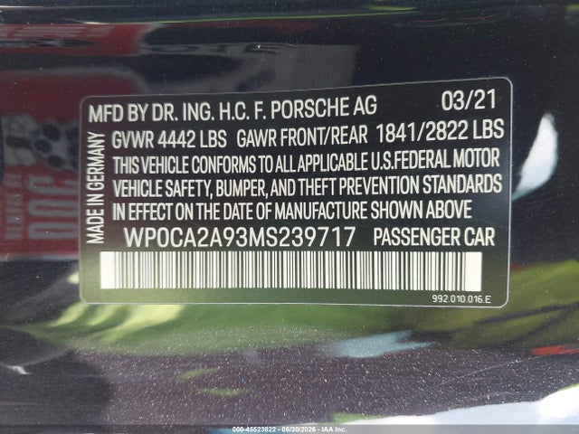 Porsche 911 2021 WP0CA2A93MS239717 Image 9