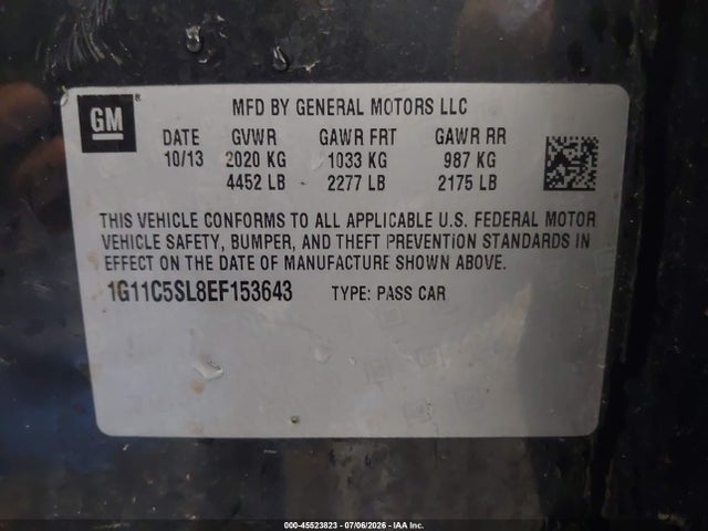45523823 :رقم المزاد ، 1G11C5SL8EF153643 vin ، 2014 Chevrolet Malibu 1lt مزاد بيع