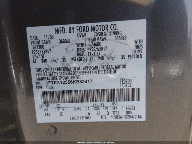 Aukcja sprzedaży 2006 Ford F-150 Lariat/xl/xlt, vin: 1FTPX12556KB83417, numer aukcji: 45523830