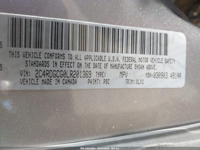 2020 Dodge Grand Caravan Sxt მანქანა იყიდება აუქციონზე, vin: 2C4RDGCG0LR201369, აუქციონის ნომერი: 45523854