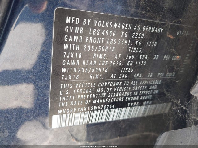 WVGBV7AX1GW578254 Volkswagen TIGUAN SE