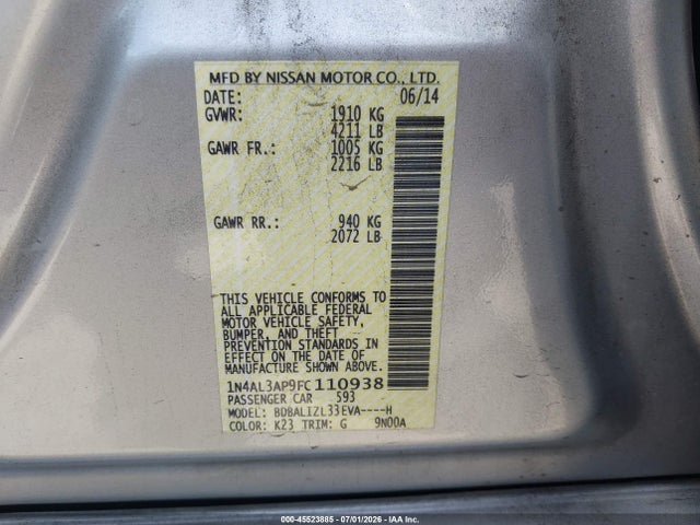 1N4AL3AP9FC110938 Nissan Altima 2.5 Sv