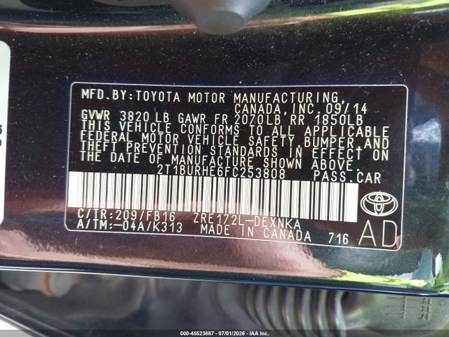 45523887 :رقم المزاد ، 2T1BURHE6FC253808 vin ، 2015 Toyota Corolla Le مزاد بيع