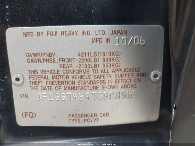 45523895 :رقم المزاد ، JF1GG74697G808565 vin ، 2007 Subaru Impreza Wrx Limited مزاد بيع