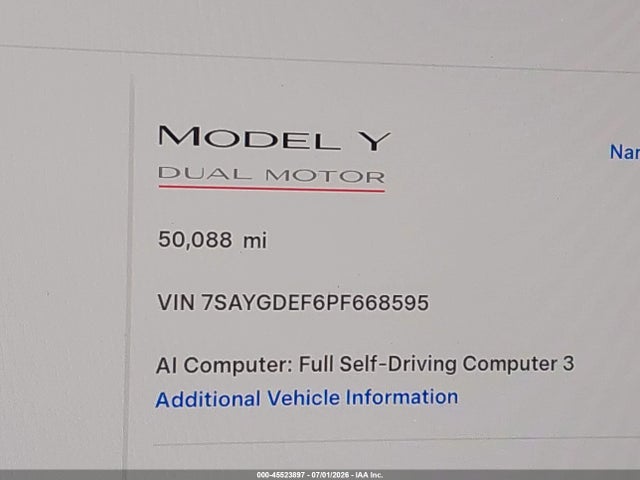 45523897 :رقم المزاد ، 7SAYGDEF6PF668595 vin ، 2023 Tesla Model Y Performance Dual Motor All-wheel Drive مزاد بيع