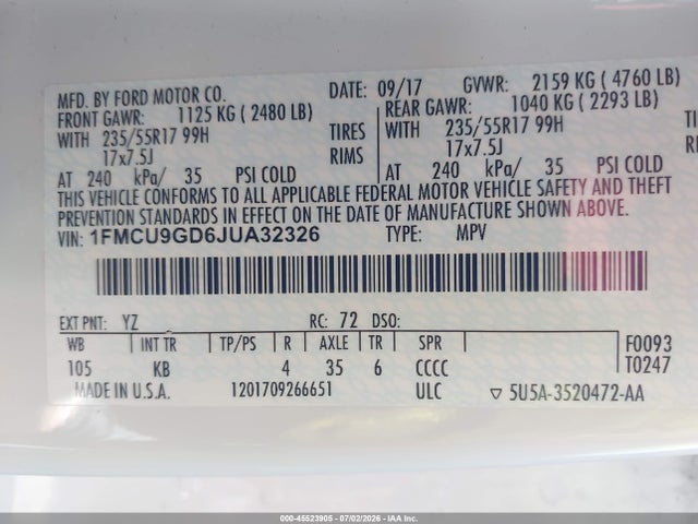 Ford ESCAPE SE 2018 1FMCU9GD6JUA32326 Image 9