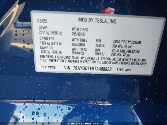 2026 Tesla Model Y All-wheel Drive/long Range Launch Series/premium All-wheel Drive მანქანა იყიდება აუქციონზე, vin: 7SAYGDEE9TA408822, აუქციონის ნომერი: 45523910