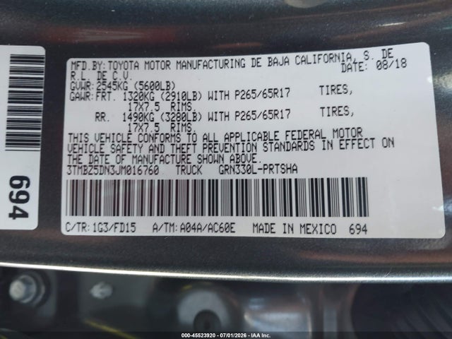 3TMBZ5DN3JM016760 Toyota Tacoma Trd Sport