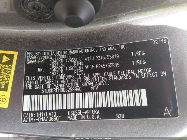 Toyota Highlander Limited V6 2016 5TDDKRFH8GS259940 Image 9