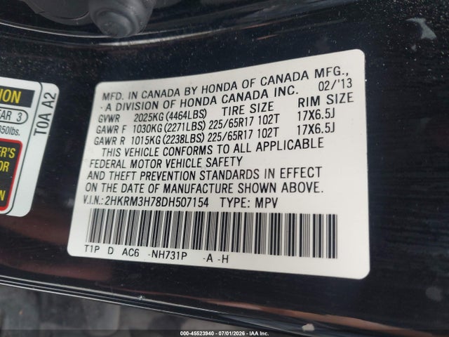 45523940 :رقم المزاد ، 2HKRM3H78DH507154 vin ، 2013 Honda Cr-v Ex-l مزاد بيع