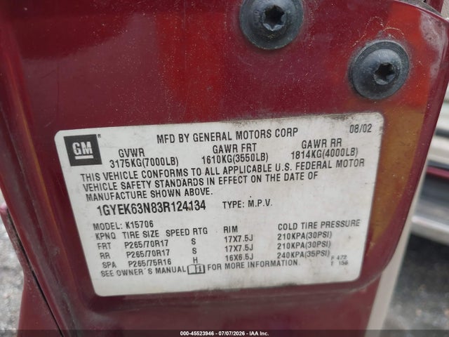Продаж на аукціоні авто 2003 Cadillac Escalade Standard, vin: 1GYEK63N83R124134, номер лоту: 45523946