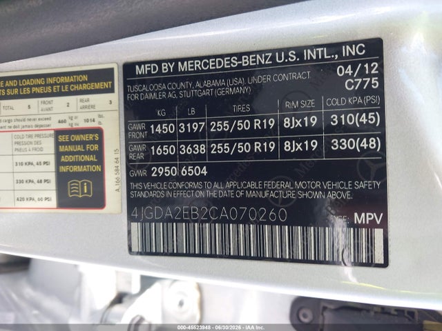 45523948 :رقم المزاد ، 4JGDA2EB2CA070260 vin ، 2012 Mercedes-benz Ml 350 Bluetec 4matic مزاد بيع