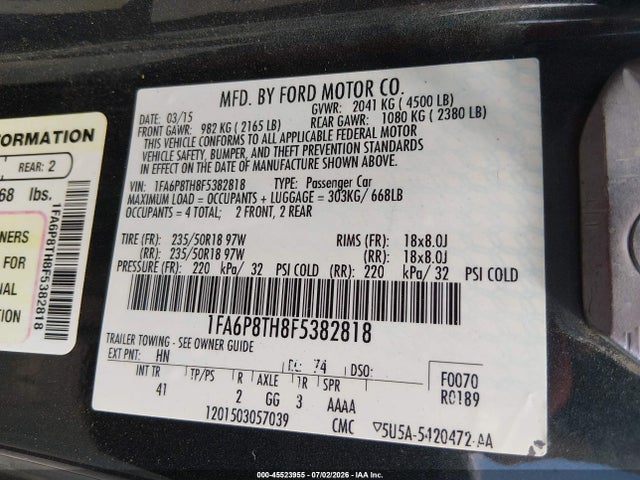 Aukcja sprzedaży 2015 Ford Mustang Ecoboost, vin: 1FA6P8TH8F5382818, numer aukcji: 45523955