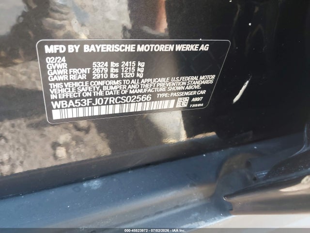 45523972 :رقم المزاد ، WBA53FJ07RCS02566 vin ، 2024 Bmw 530i Xdrive مزاد بيع