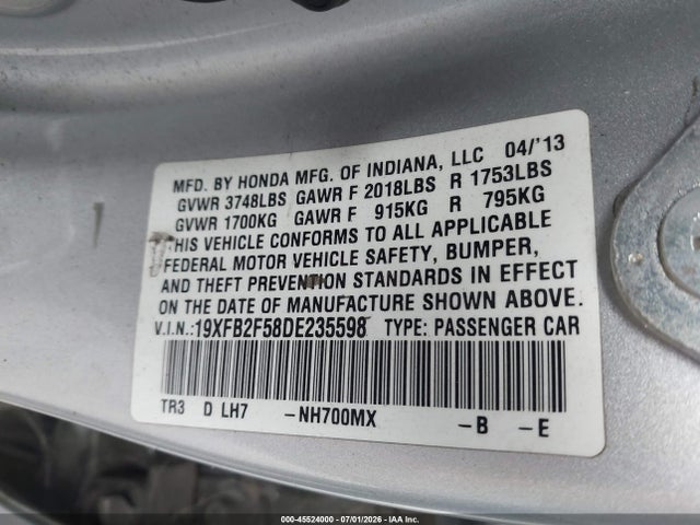 Продажа на аукционе авто 2013 Honda Civic Lx, vin: 19XFB2F58DE235598, номер лота: 45524000