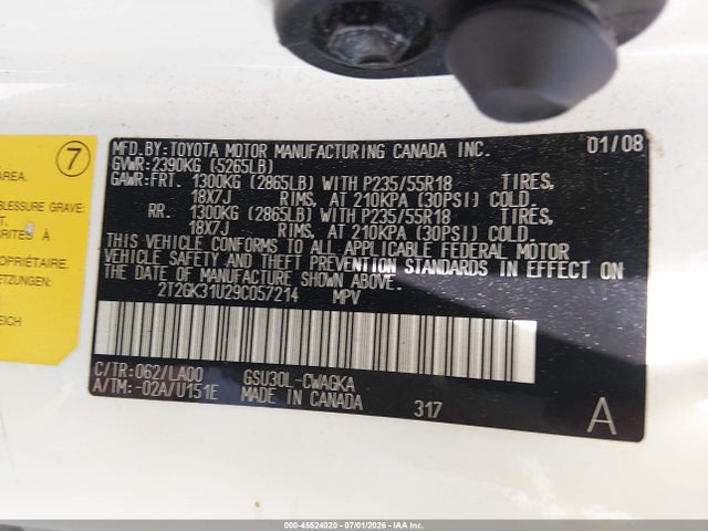 45524020 :رقم المزاد ، 2T2GK31U29C057214 vin ، 2009 Lexus Rx 350 مزاد بيع