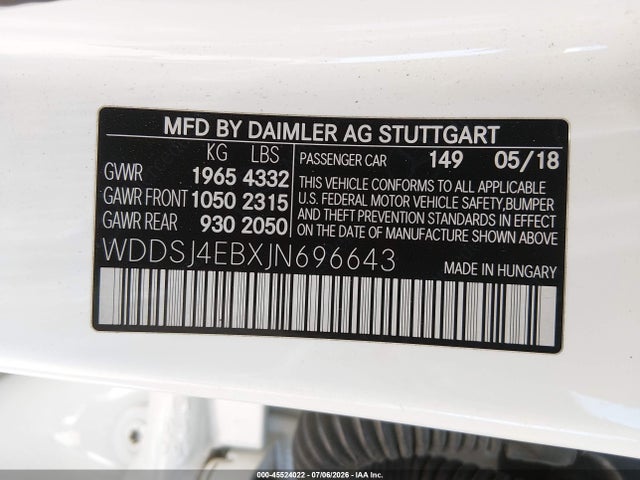 45524022 :رقم المزاد ، WDDSJ4EBXJN696643 vin ، 2018 Mercedes-benz Cla 250 مزاد بيع