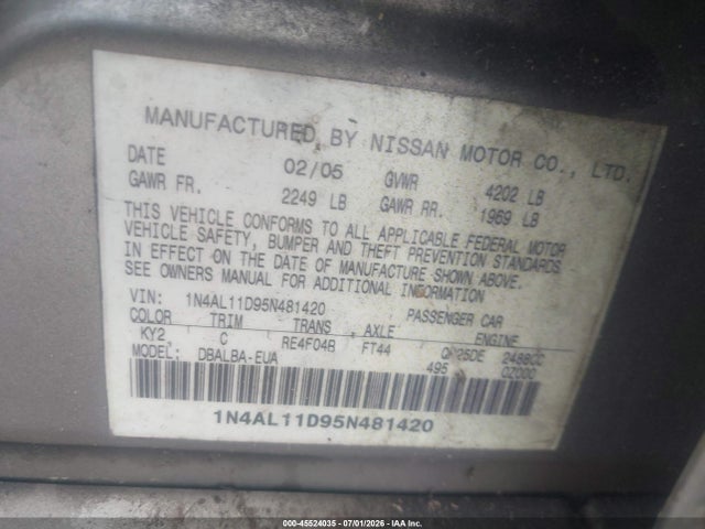 Продажа на аукционе авто 2005 Nissan Altima 2.5 S, vin: 1N4AL11D95N481420, номер лота: 45524035