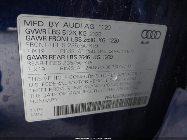 Aukcja sprzedaży 2021 Audi Q3 Premium 45 Tfsi S Line Quattro Tiptronic, vin: WA1DECF38M1056123, numer aukcji: 45524045