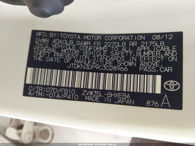Aukcja sprzedaży 2012 Toyota Prius Plug-in, vin: JTDKN3DP9C3028966, numer aukcji: 45524046