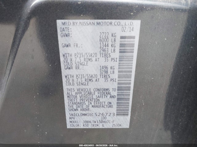 Aukcja sprzedaży 2014 Infiniti Qx60 Hybrid, vin: 5N1CL0MM1EC526723, numer aukcji: 45524053