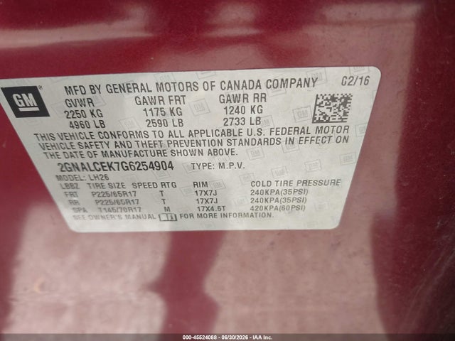 45524088 :رقم المزاد ، 2GNALCEK7G6254904 vin ، 2016 Chevrolet Equinox Lt مزاد بيع