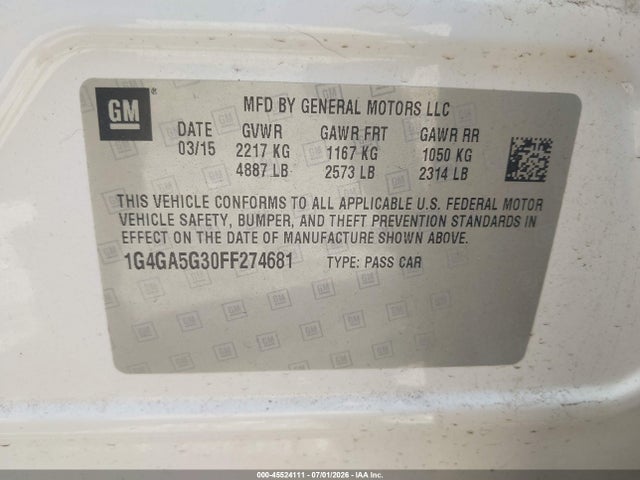 Auction sale of the 2015 Buick Lacrosse, vin: 1G4GA5G30FF274681, lot number: 45524111