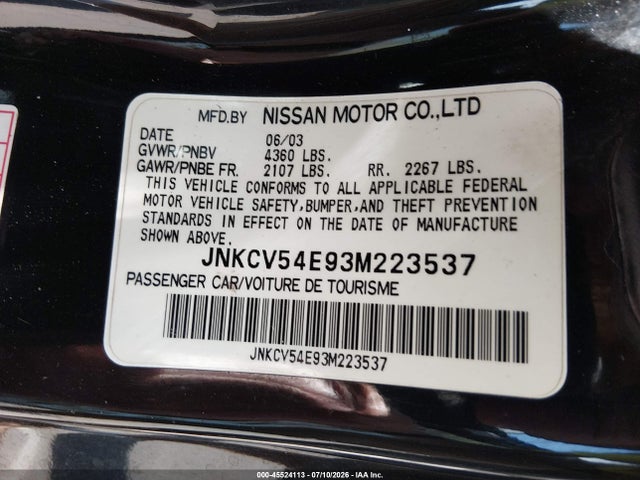 Продажа на аукционе авто 2003 Infiniti G35 Base W/leather, vin: JNKCV54E93M223537, номер лота: 45524113