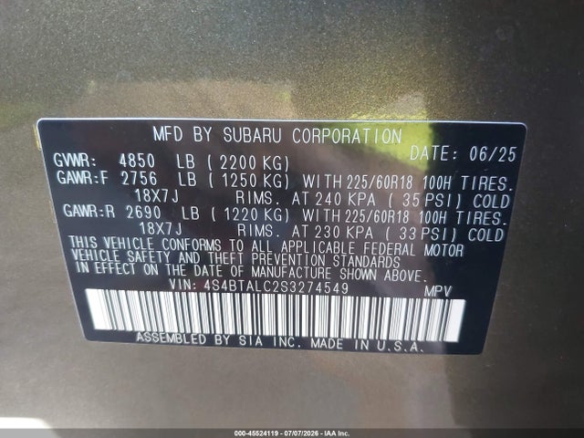Продаж на аукціоні авто 2025 Subaru Outback Onyx Edition, vin: 4S4BTALC2S3274549, номер лоту: 45524119