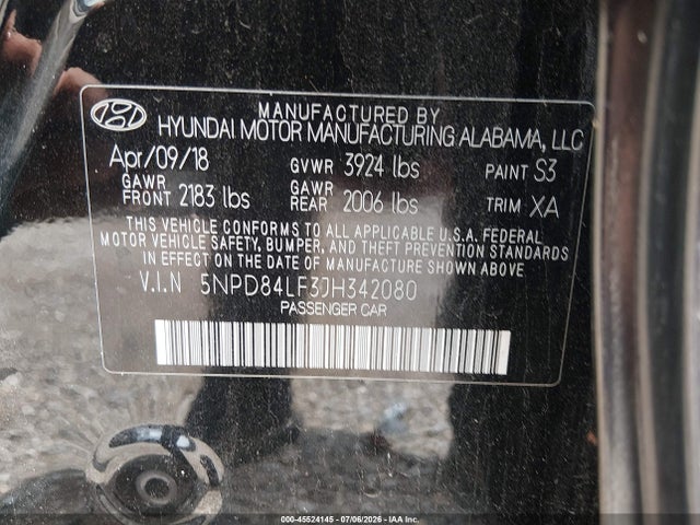 Aukcja sprzedaży 2018 Hyundai Elantra Value Edition, vin: 5NPD84LF3JH342080, numer aukcji: 45524145