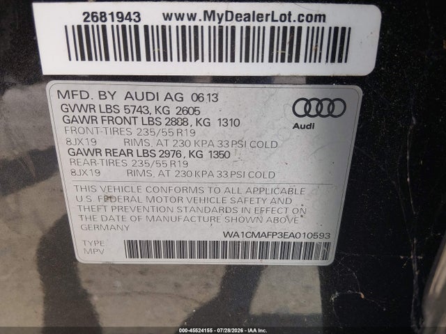Продаж на аукціоні авто 2014 Audi Q5 3.0 Tdi Premium Plus, vin: WA1CMAFP3EA010593, номер лоту: 45524155