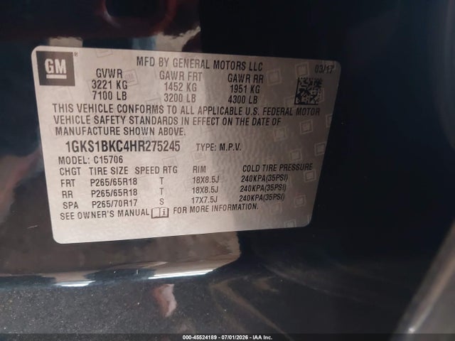GMC YUKON SLT 2017 1GKS1BKC4HR275245 Image 9