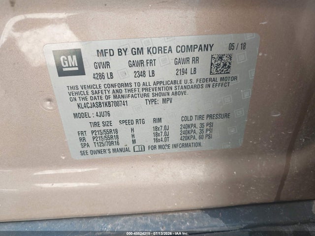 Aukcja sprzedaży 2019 Buick Encore Fwd Preferred, vin: KL4CJASB1KB700741, numer aukcji: 45524215