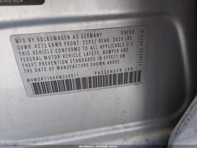 Aukcja sprzedaży 2006 Volkswagen Rabbit 4-door, vin: WVWDR71K86W200811, numer aukcji: 45524231