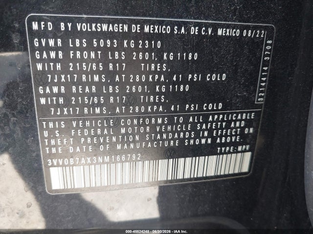 2022 Volkswagen Tiguan 2.0t S მანქანა იყიდება აუქციონზე, vin: 3VV0B7AX3NM166792, აუქციონის ნომერი: 45524248