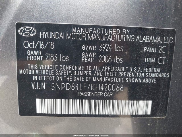 45524257 :رقم المزاد ، 5NPD84LF7KH420068 vin ، 2019 Hyundai Elantra Sel مزاد بيع