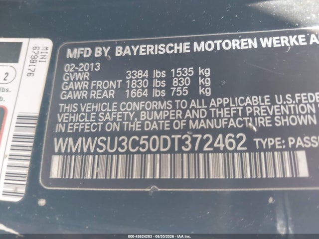 Продаж на аукціоні авто 2013 Mini Hardtop Cooper, vin: WMWSU3C50DT372462, номер лоту: 45524283