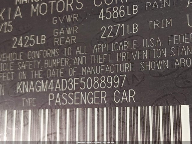 KNAGM4AD3F5088997 KIA OPTIMA HYBRID