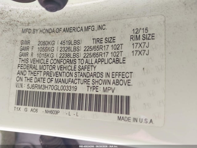 Honda Cr-v Ex-l 2016 5J6RM3H70GL003319 Image 9