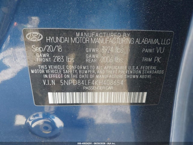 2019 Hyundai Elantra Sel მანქანა იყიდება აუქციონზე, vin: 5NPD84LF4KH408654, აუქციონის ნომერი: 45524291