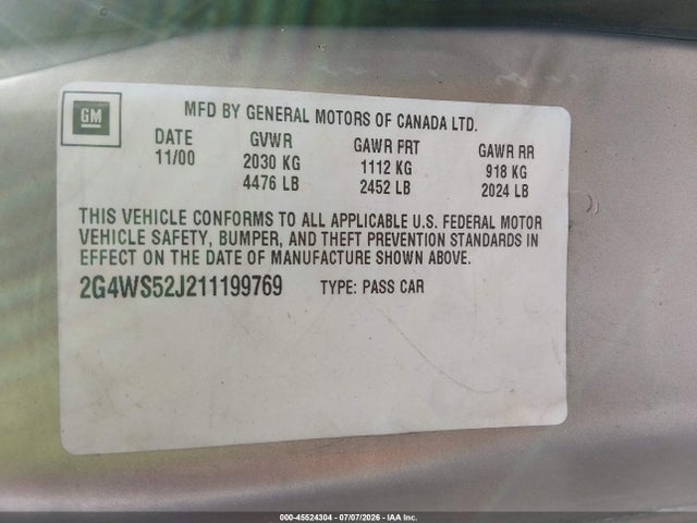 2001 Buick Century Custom მანქანა იყიდება აუქციონზე, vin: 2G4WS52J211199769, აუქციონის ნომერი: 45524304
